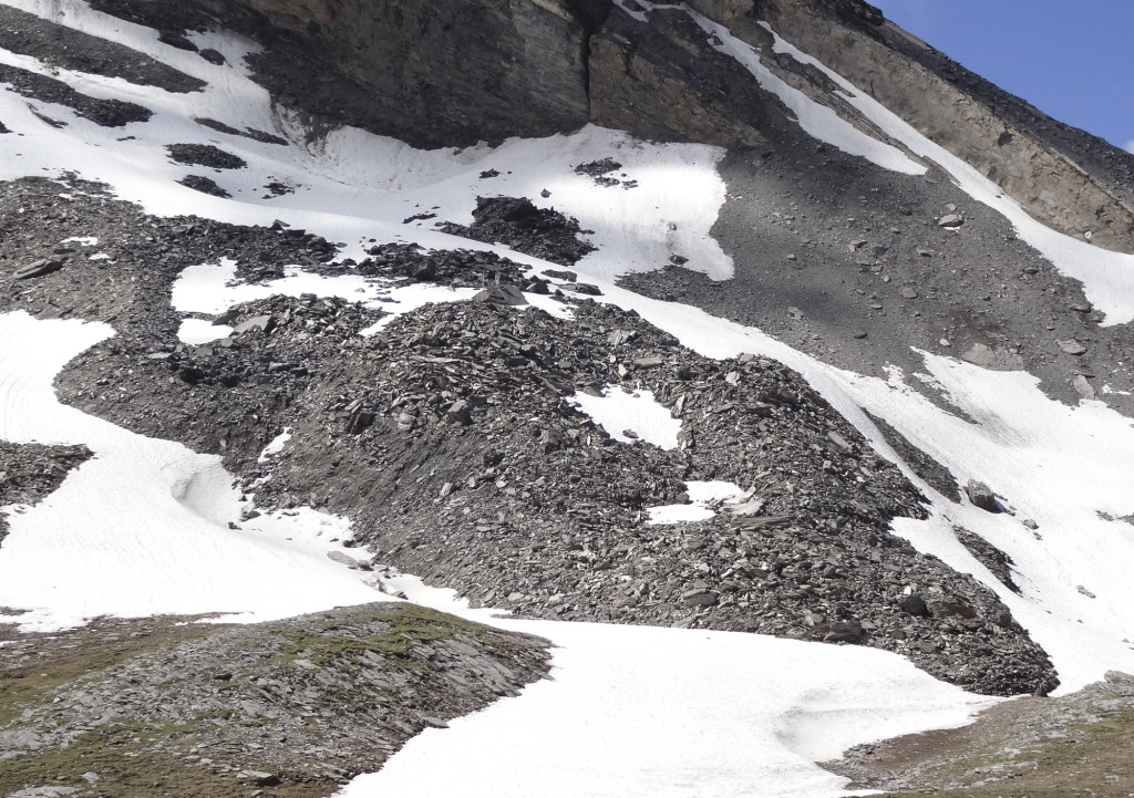 Blick auf einen Blockgletscher im «Furggentälti» nahe des Gemmipass im Frühsommer