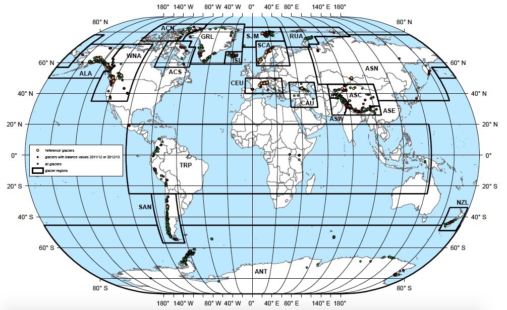 Location of the 3735 glaciers for which data is available from the WGMS. 
