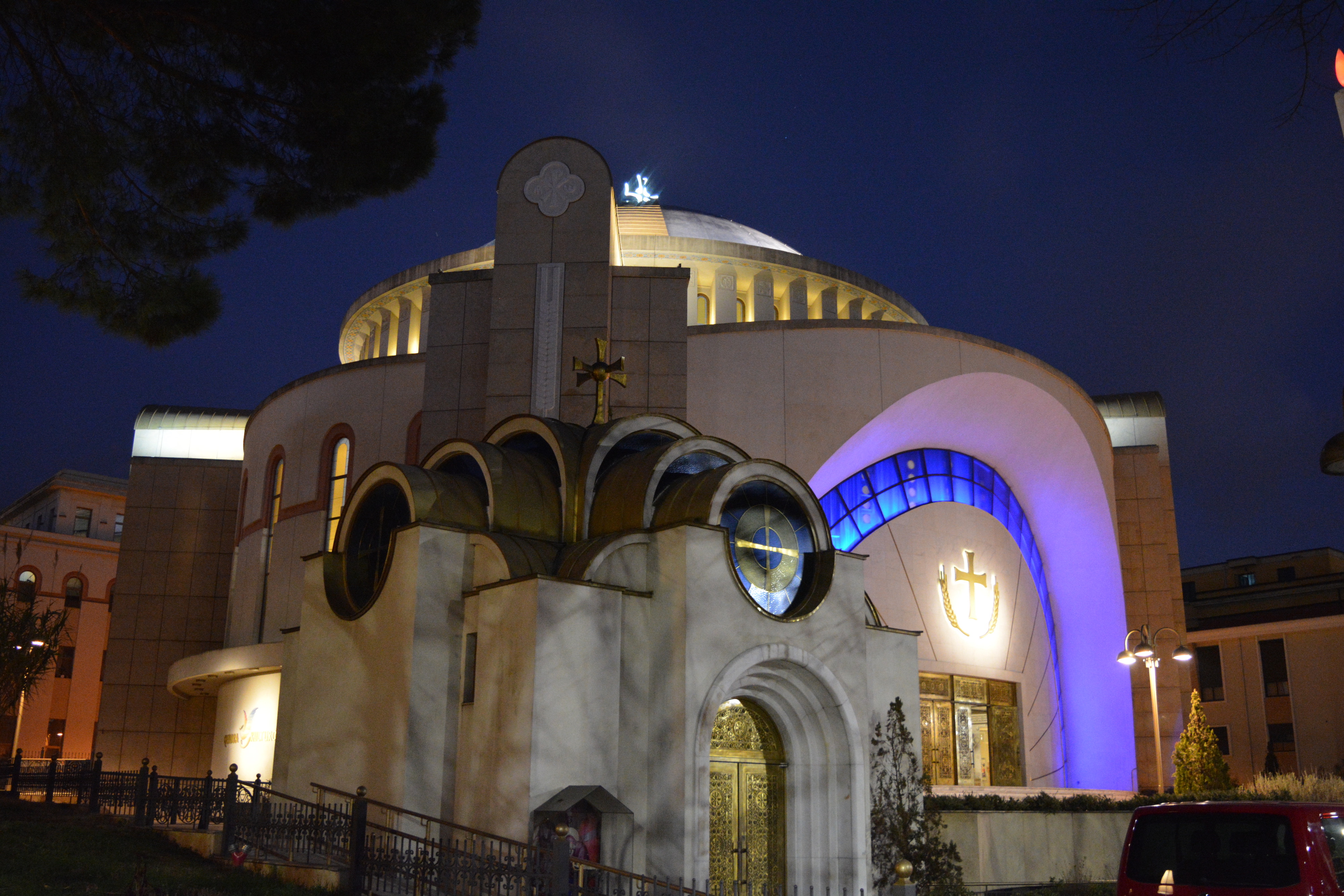 The Ressurection Cathedral in Tirana by night