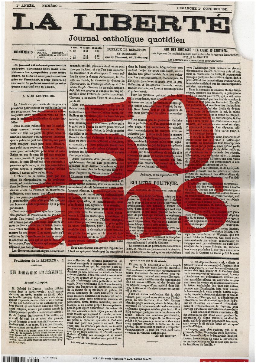 Première page de La Liberté, Cahier spéciale 150 ans, 01.10.2021